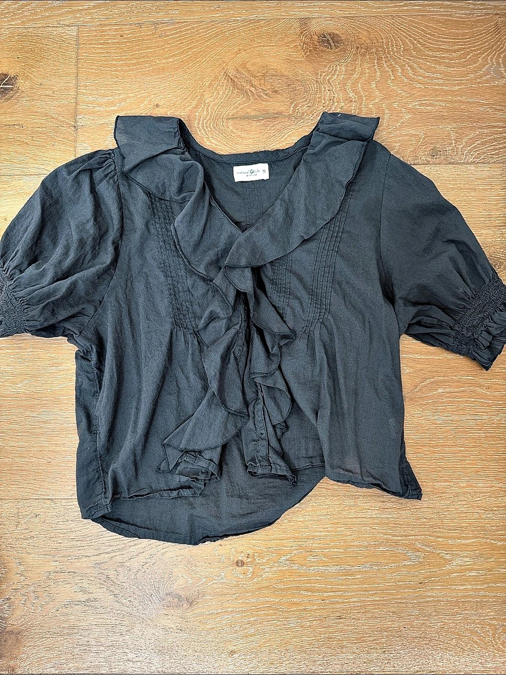 Natural Life My Favorite Cotton Top Ruffle Blouse Black Medium- Doen Inspired